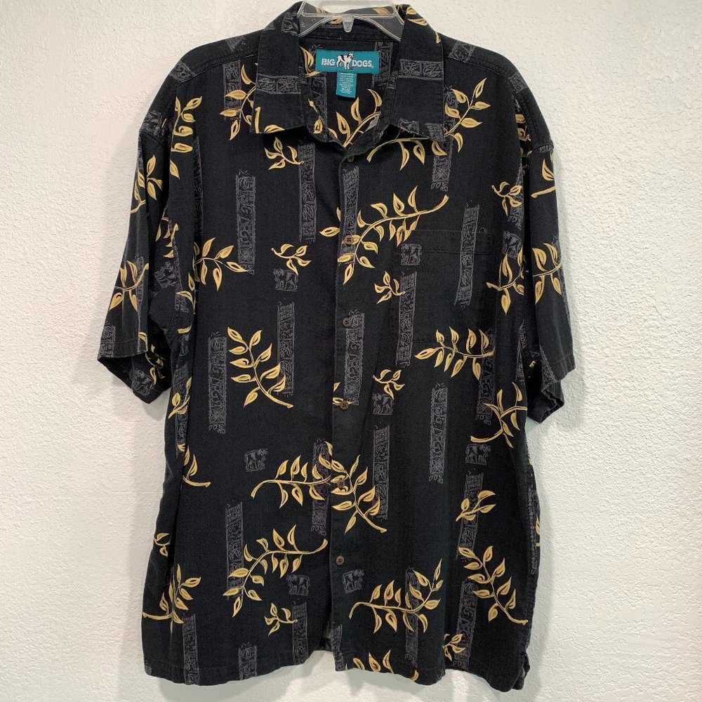 Big Dogs Button Down Shirt Charcoal Gray Leaf Print Short Sleeve Mens Size 1X/2X